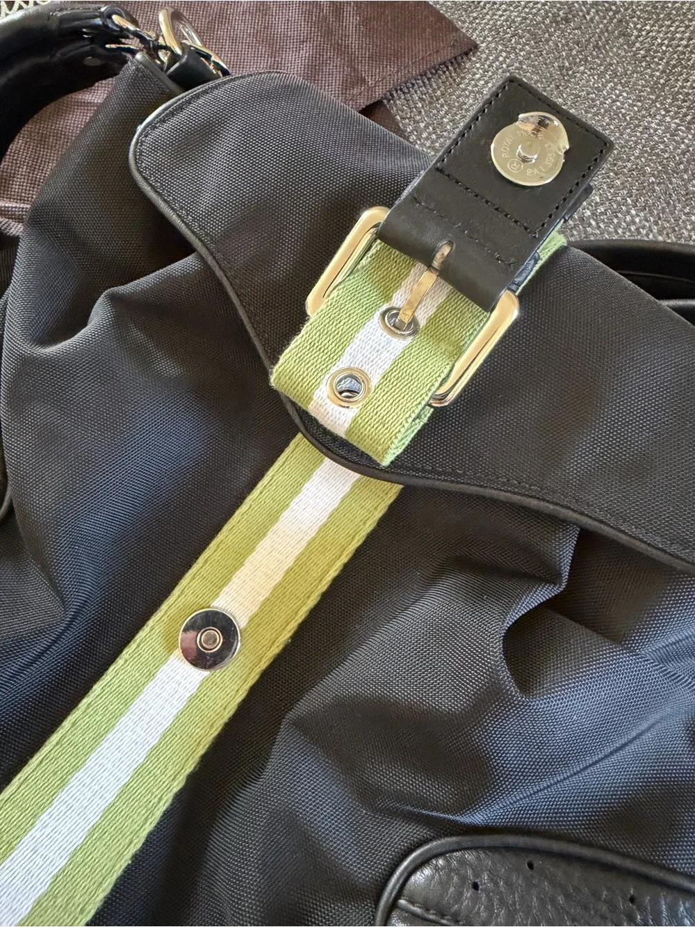 Cole Haan Black Nylon Messenger Bag with Lime and White Stripe